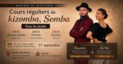 Cours de kizomba tous les jeudis- Lavaur- saison 2026/2027 avec An'so ou Baptiste