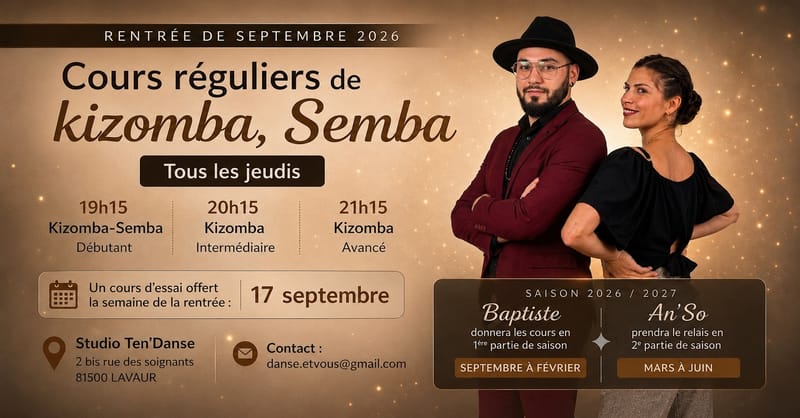 Cours de kizomba tous les jeudis- Lavaur- saison 2026/2027 avec An'so ou Baptiste