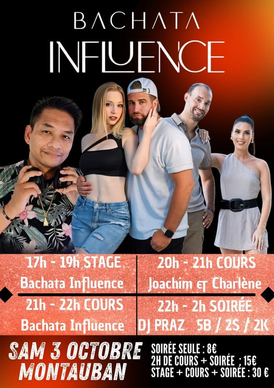 💃JOURNÉE BACHATA INFLUENCE🕺SAMEDI 3 OCTOBRE MONTAUBAN ✨ STAGE - COURS - SOIRÉE AVEC DJ PRAZ 🎧