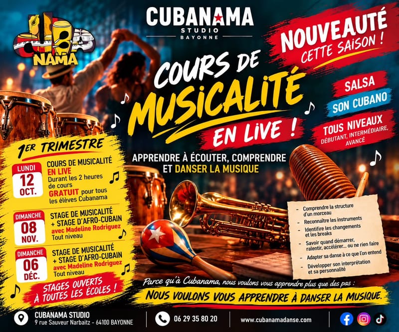 COURS DE MUSICALITÉ EN LIVE+ STAGES D'AFRO CUBAIN