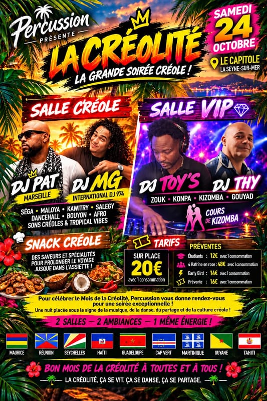 La Créolité - 1 salle Ambiance Créole / 1 salle VIP Zouk Konpa Kiz - Dj MG 974 international